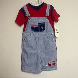 NWT VTG Baby Togs 2 Piece Fire truck Embroidered Striped Shortalls Overalls Red